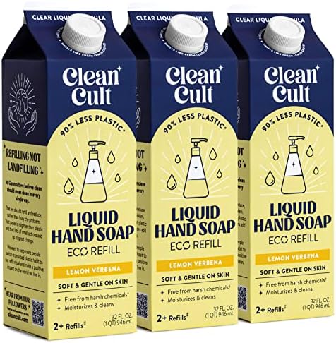 Cleancult Liquid Hand Soap Refills - Lemon Verbena - Moisturizes Dry & Sensitive Skin - Made with Aloe Vera & Essential Oils - Eco Friendly - Paper-Based Packaging - 32 oz/3 Pack