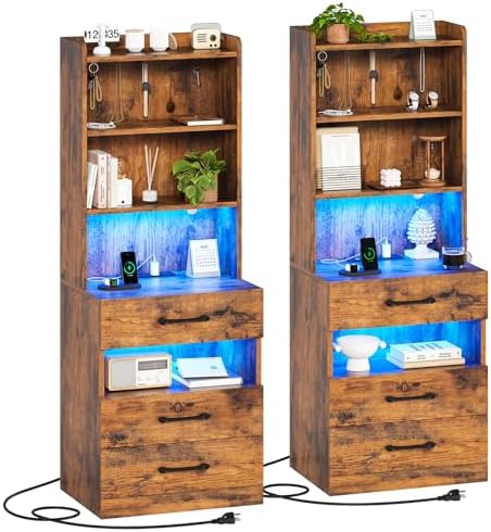 AOGLLATI Tall Night Stand Set of 2, Nightstand with Charging Station and LED Lights, Rustic Brown Bedside Table with Bookshelf, 3 Drawers and Open Shelves, Modern End Side Table for Bedroom