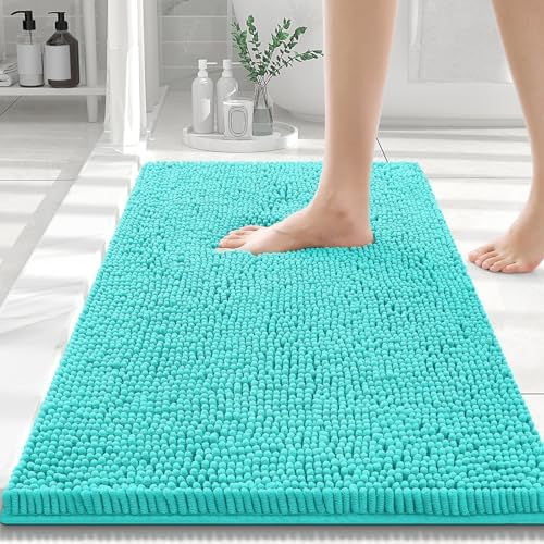 Smiry Luxury Chenille Bathroom Rugs 30x20, Extra Soft and Absorbent Shaggy Bath Mat, Machine Washable, Non-Slip Plush Carpet Runner for Tub, Shower, and Floor, Home Decor Accessories, Turquoise