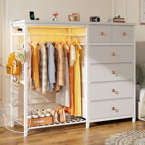 EnHomee 49.2" W White Dresser for Bedroom with Hanging Rack, 6 Drawers Dresser with LED Lights & Charging Station, Fabric Dressers & Chest of Drawers with Rack, Wooden Top, Grid Panel