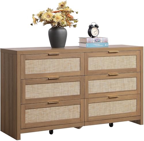SICOTAS Rattan Dresser for Bedroom, 56.9" Wide 6 Drawer Dresser with Ample Storage, Dressers Large Chest of Drawers, Closet, Boho TV Stand for Bedroom (Reclaimed Caramel Oak, 1 Piece)