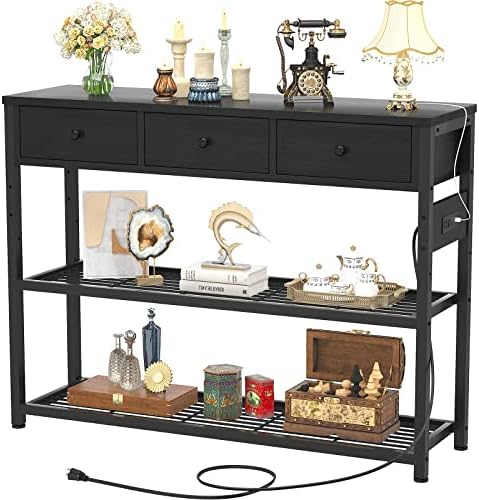 Ecopriso 47'' Entryway Table with Outlets and USB Ports, Console Table with 3 Drawers, Sofa Table Narrow Long with Storage Shelves for Living Room, Couch, Hallway, Foyer, Kitchen Counter, Black