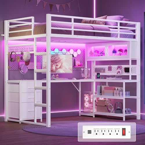ADORNEVE Loft Bed Twin Size with L-Shaped Desk, Storage Drawers & RGB Arcylic Hutch, Expanded Safety Power Outlet, Metal LED Loft Bed Frame with Wide Ladder, for Teen Girls, White