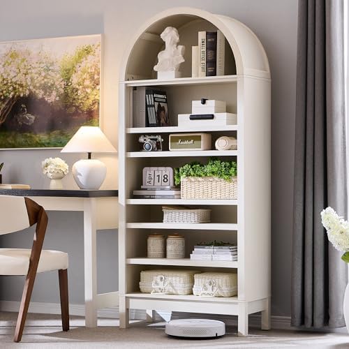 71" Tall Arched Bookshelf, 7 Tiers Arch Bookcase with Storage, Modern Farmhouse Book Shelf with Adjustable Shelves, Wood Bookshelf w/Open Display Shelves for Living Room, Office (Antique White)