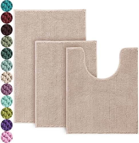 Urvoix Bathroom Rugs Sets 3 Piece, Non-Slip Chenille Bath Rug - Ultra Soft, Washable, Super Absorbent Bath Mat for Bathroom, Toilet and Tub (Cream)