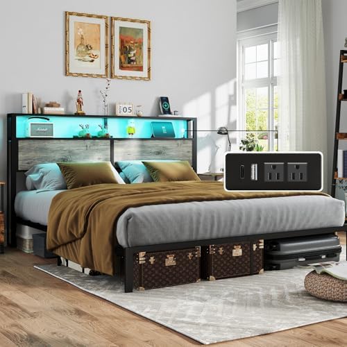 King Size Bed Frame with Headboard, Metal Platform Bed Frame with LED Lights & Charging Station, Under Bed Storage, Solid and Stable, No Box Spring Needed, Noise Free, Easy Assembly, Rustic Grey