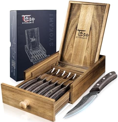 Steak Knives Set of 6 with Drawer Organizer, 4.8 Inch High Carbon Japanese Style Non Serrated Meat Knife with Wood Handle, Damascus Pattern Full Tang Design, Razor-Sharp Dinner Knives