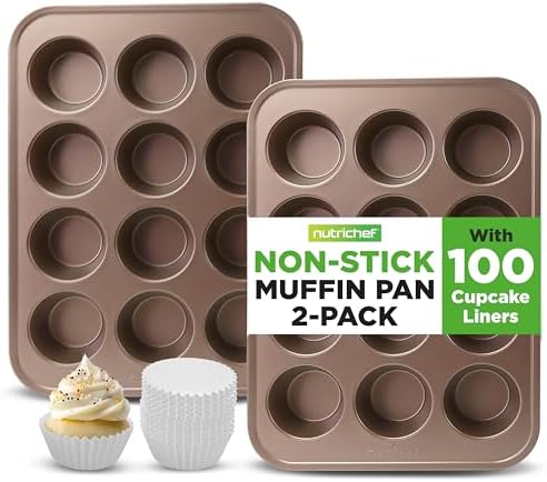 NutriChef 12 Cup Nonstick Muffin Pans for Cupcakes, 2-Piece Cupcake Mould, Non-Toxic Carbon Steel Stackable Cup Cake Tray, Dishwasher Safe, Easy Release, Easy clean - Gold