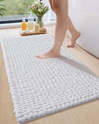 LUMI Luxury Bathroom Rug, Ultra Soft Quick Dry Bath Mat, Non-Slip Absorbent Thick Chenille Bath Rug, Cozy Braid Design Floor Mat for Bathtub, Sink, Laundry, Bedroom, White, 24"x43"