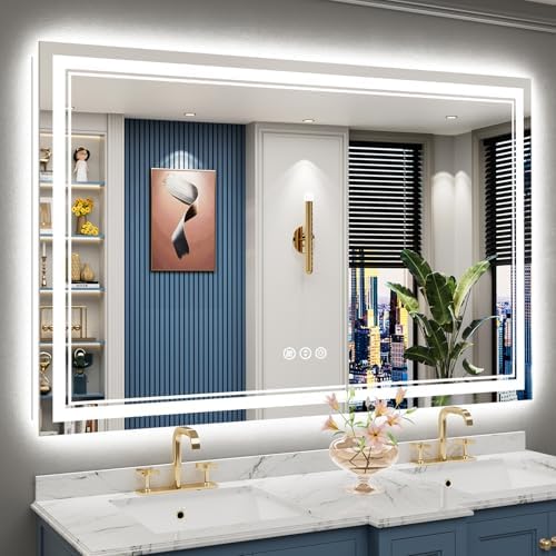 60x40 LED Bathroom Mirror with Lights, Backlit + Front Lit, Anti-Fog Lighted Vanity Mirror for Bathroom Wall with 3 Colors, Stepless Dimmable, Memory, Shatter-Proof, Tempered Glass, ETL Listed