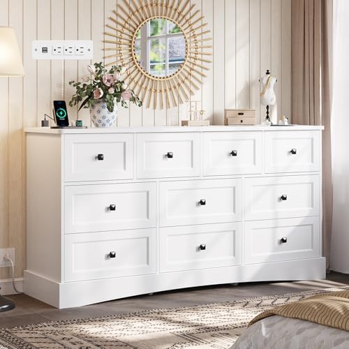 Hasuit White Dresser for Bedroom with 10 Drawers, 55.2" Long Drawer dresser with Charging Station, Farmhouse Dresser Chest of Drawers, Large Wooden Storage Tower Organizer, Dressers for Bedroom Closet