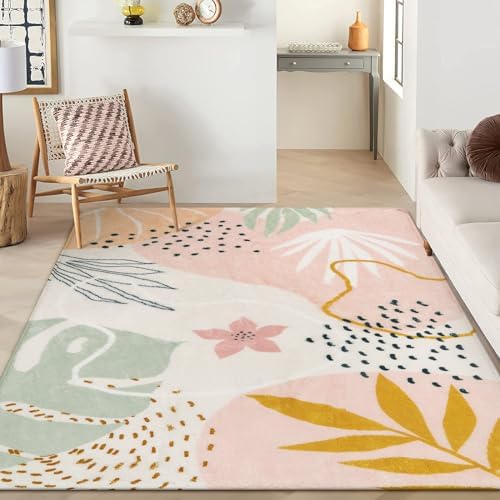 Lahome Washable Pink Area Rugs 9x12 Living Room Carpet Non-Slip Backing Ultra-Thin Extra Large Rug Lightweight Throw Non Shedding Dining Room Rug,Boho Botanical Print Rug for Bedroom Guest Room Home