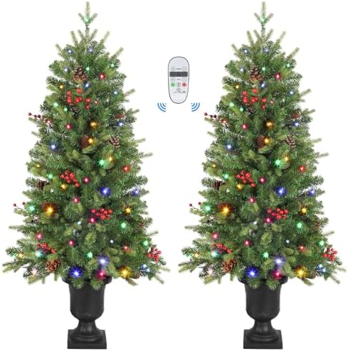 Alupssuc 2 Packs 4 FT Prelit Artificial Christmas Tree with Colored LED Changing Lights, Mini Entrances Lighted Tree with Timer by Remote Control for Outdoor Front Door Porch Xmas Home Decoration, 4FT