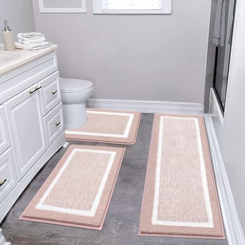 Pauwer 3 Piece Bath Mat Set, Non Slip Plush Rugs, Absorbent Shaggy Set With U-Shaped Contour Toilet Mat for Bathroom, Bedroom, Living Room - Dusty Pink