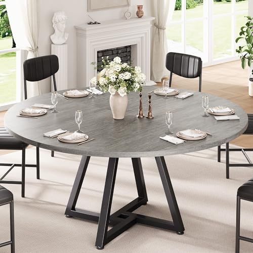 51“ Round Kitchen Dining Room Table for 6-8, Circle Dining Dinner Table with Pedestal Metal Frame, Space Saving Wood Industrial Furniture for Small Space (Grey, 51In)