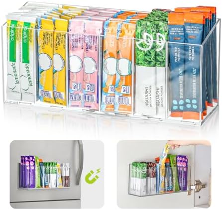AIEVE Drink Packet Organizer, Mountable Water Packet Organization Holder with Adhesive & Magnetic Sticker, Pantry Organizers Kitchen Storage for Countertop Table Fridge Cabinet