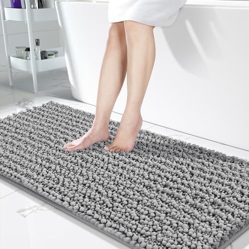 Yimobra Bathroom Runner Rug Mat 60.2 x 24, Non-Slip Soft Shaggy and Comfortable Large Size Chenille Bath Rug, Super Absorbent and Thick, Machine Washable, Long Bathroom Rug, Grey