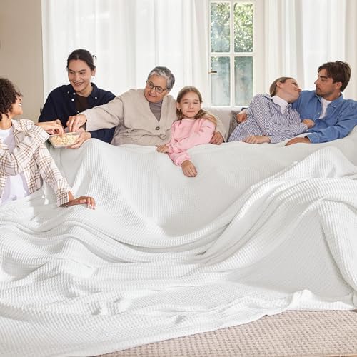 Bedsure 100% Cotton Large Blanket Oversized King for Bed - Breathable Waffle Weave Blanket for Summer Spring, Couch Cover, White, 120x94 inches