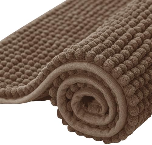 SUBRTEX Bathroom Rugs Chenille Bath Rug Soft Short Plush Bath Mat Soft Shower Mat Water Absorbent Shower Mat Quick Dry Machine Washable(Brown,16" x 24")