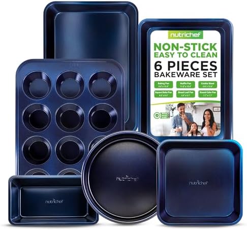 NutriChef Non-Stick Kitchen Oven Baking Pans - Carbon Steel Blue Diamond Coating Inside & Outside, Commercial Grade Restaurant Quality Metal Bakeware, Dishwasher Safe-NCBK6TRB