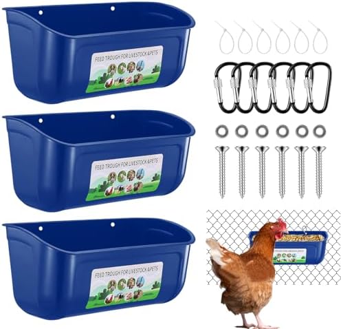 Chicken Feeder Waterer, 3 Pack Duck Feeder Supplies, Hanging Fence Feed Trough with Clips for Goat, Sheeple, Piglet, Gooses, Turkeys, Dog Livestock Poultry, Blue
