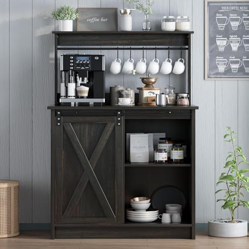 4ever2buy Farmhouse Coffee Bar Cabinet with Hutch, 50 Inch Coffee Bar Hutch with Sliding Barn Door & 6 Hooks for Living Dining Room, Dark Oak
