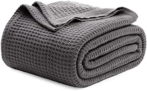 Bedsure 100% Cotton Blanket King Size for Bed - Breathable and Soft, Waffle Weave Blanket for Summer Spring, Dark Grey, 104x90 inches