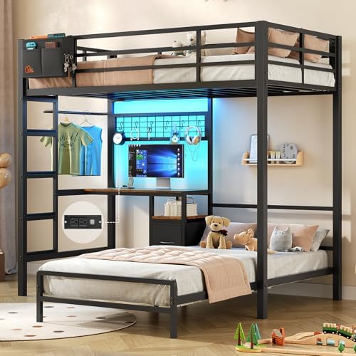 DICTAC Bunk Bed with Desk,Led Lights and Charging Station Metal L-Shaped Twin Over Twin Bunk Beds with Storage Drawers and Shelves, Loft Bed with Safety Guardrail and Ladder for Kids and Teen,Black