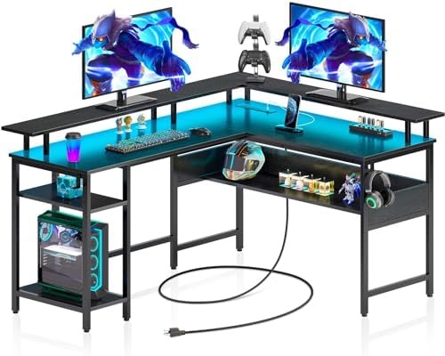Rolanstar Computer Desk L Shaped 56.7" with LED Lights and Power Outlets, Reversible L Shaped Gaming Desk with Monitor Stand, Home Office Desk with Storage, Desk with USB Port and Hook, Black