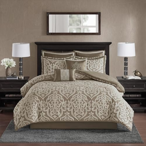 Madison Park Odette Cozy Comforter Set Jacquard Damask Medallion Design - Modern All Season, Down Alternative Bedding, Shams, Decorative Pillows, Cal King(104 in x 92 in), Tan 8 Piece