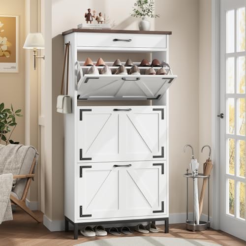 Shoe Cabinet Storage for Entryway with 3 Flip Drawers and 1 Top Drawer, Freestanding Hidden Narrow Shoe Cabinet with Metal Legs for Foyer, Hallway (White)