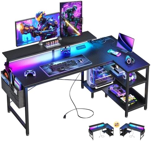 ODK 48 Inch Gaming Desk with USB Charging Ports and LED Lights, Reversible L Shaped Computer Desk with Storage Shelves & Monitor Stand, Corner Gamer Desk Table with Power Outlets, Black
