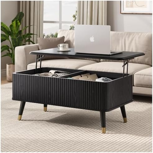 Lift Top Coffee Table with Storage Shelf & Hidden Compartment, Mid Century Modern Fluted Rectangle Dining Table for Living Room, Home Office,Black