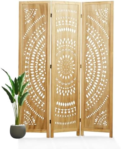 66.9Inch Folding Room Divider, 3 Panels Wood Carved Privacy Screens, Free Assembled Freestanding Partition for Home Office Restaurant Bedroom (Natural)