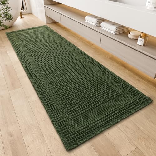 AMOAMI Waffle Bath-Mat, Absorbent Bath Mats for Bathroom Non Slip, Machine Washable Bathroom Rugs with Tassels Ultra Soft Boho Bath Rugs for Floor 2'x6'(24"x72") Dark Green