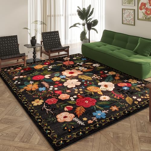 Rugcomf Area Rugs 9x12 Living Room Clearance Washable Boho Rug Non Slip Floral Vintage Low Pile Large Rug for Living Room, Bedroom, Farmhouse, Dining Room, Kids Playroom(Black)