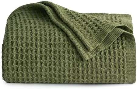 Bedsure 100% Cotton Large Throw Blanket for Couch 50x70 inches - Breathable and Soft, Waffle Weave Throw Blanket for Office, Olive Green