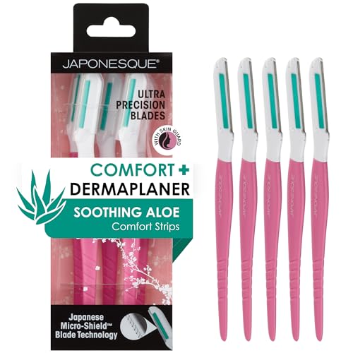 Japonesque Dermaplaner with Soothing Aloe Comfort Strip - Facial Dermaplane Razor, Skin Tool with Ultra Precision Blade for Facial Hair Removal and Exfoliation, 5pk