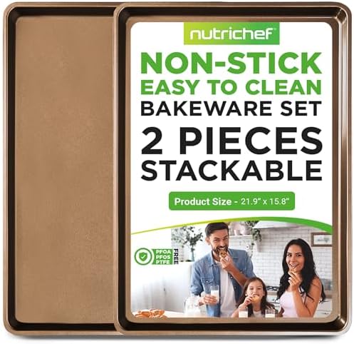 NutriChef 2-Piece Nonstick XL Cookie Sheets for Baking - 22" x 16" Extra Large Carbon Steel Oven Baking Trays, PFOA, PFOS, PTFE Free - Stackable & Dishwasher Safe, Gold