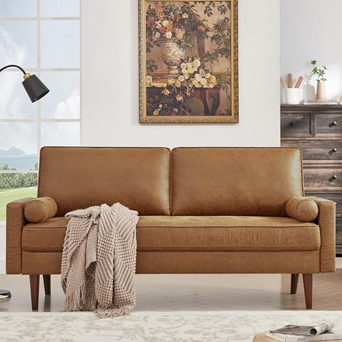 HIFIT 68" Faux Leather Couch Mid Century Modern Sofa Couch w/Tufted Deep Love Seat, 2 Pillows & Solid Wood Frame, Home Sofa Living Room Small Couches for Small Space, Bedroom, Office, Apartment, Brown