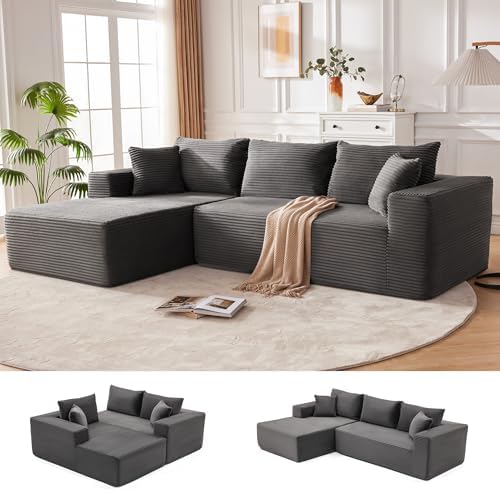 110” Cloud Sectional Couch, Boneless Sofa for Living Room, Modular Sectional Sofa with Deep Seat, Comfy Fluffy Couch with L-Shaped Chaise, No Assembly Required (Left-Facing Chaise, Dark Grey)