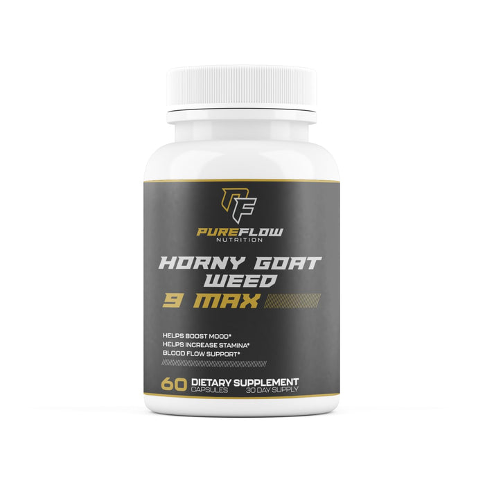PureFlow 9 in 1 Horny Goat Weed MAX | Fully Dosed Men's Performance Supplement | Pills for Men Fast Acting Blood Flow | 9 Ultra Ingredients for Fast Results/Science Backed - 60 Capsules