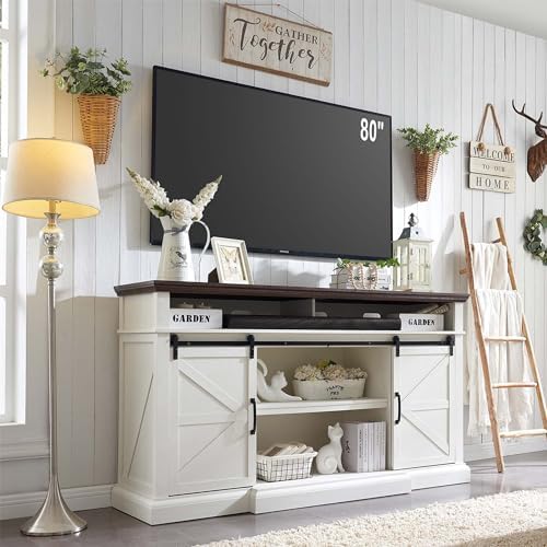 Farmhouse TV Stand for 80 Inch TVs, 37.4"Tall Entertainment Center w/Storage Cabinets and Sliding Barn Door, Media Console Cabinet w/Soundbar & Adjustable Shelves for Living Room, 70 inch (White)