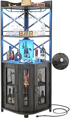 Aheaplus Corner Bar Cabinet with Power Outlet, Industrial Wine Cabinet with LED Strip and Glass Holder, 5-Tiers Liquor Cabinet Bar Unit for Home, Corner Display Cabinet for Small Space, Grey Oak