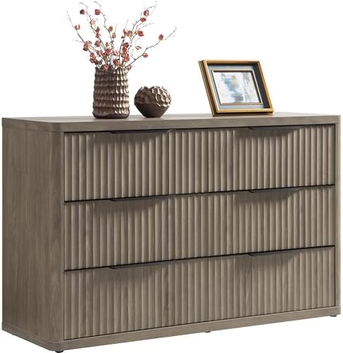 SICOTAS Dresser for Bedroom 53.5" Wide 6 Drawer Dressers & Chests of Drawers for Closet Long Large Modern TV Stand Set for Clothes Storage Fluted Clothes Closet for Hallway Entryway, Grey Alder