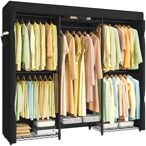 SONGMICS Heavy-Duty Clothes Rack, Garment Rack, Portable Closet, 68.7-Inch Wide Clothing Rack with Adjustable Mesh Shelves and Hanging Rails, Ink Black ULGR435B01
