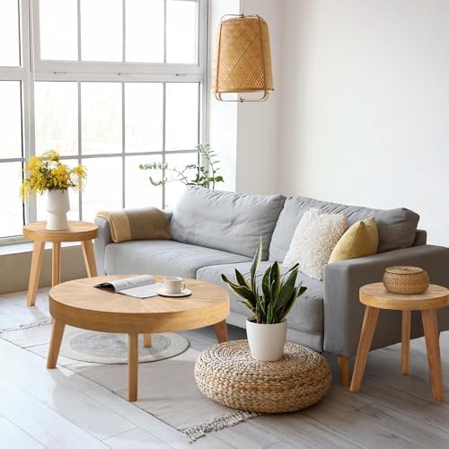 Farmhouse Round Coffee Table Set of 3, Boho Sofa Side Nesting Tables End Table Set with Wood Natural Finish for Living Room, Bedroom, Home Office,Natural