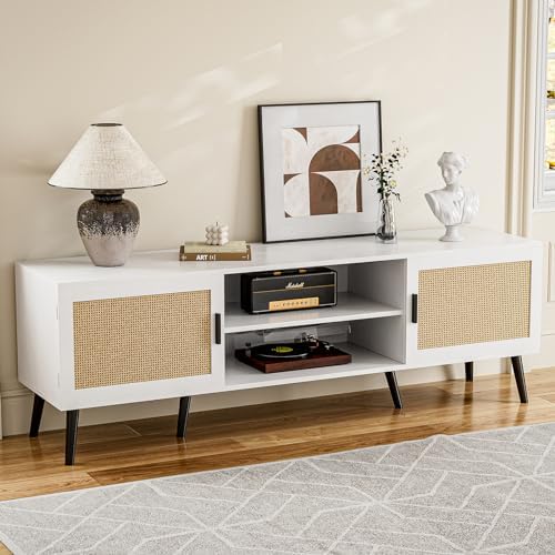 TV Stand for TVs up to 65'', Mid Century Modern Entertainment Center with Rattan Door, Shelves & 2 Cabinets, Boho Media TV Console for Living Room, Bedroom, White