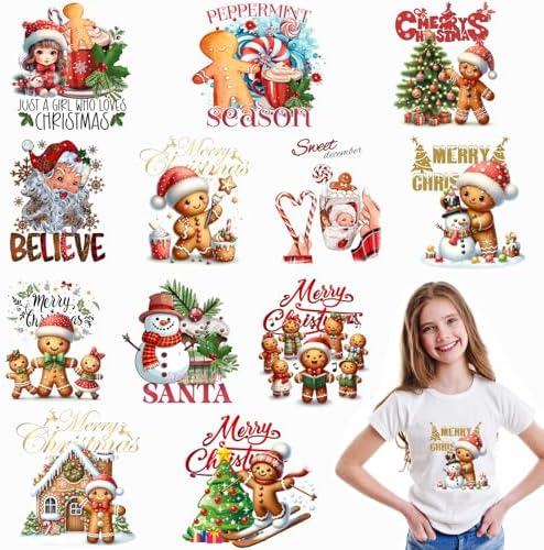 12 Sheets Christmas Heat Transfers Vinyl, Gingerbread Iron on Transfers for T-Shirts, Christmas Iron on Decals for Clothes Bag Pillow Covers DIY Decorations