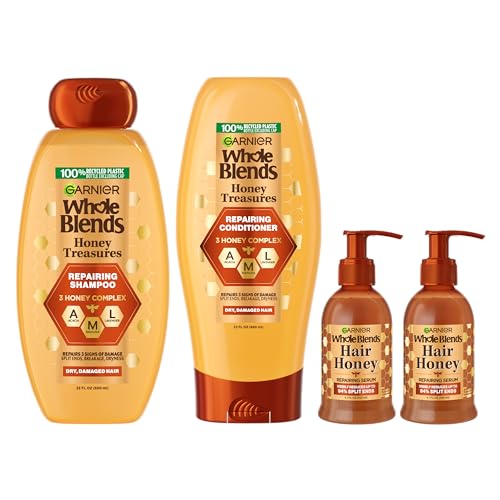 Garnier Whole Blends Honey Treasures Repairing Shampoo & Conditioner 22 Fl Oz each + Hair Serum (5.1 Fl Oz) for Dry, Damaged Hair (Bundle of 4 Items)